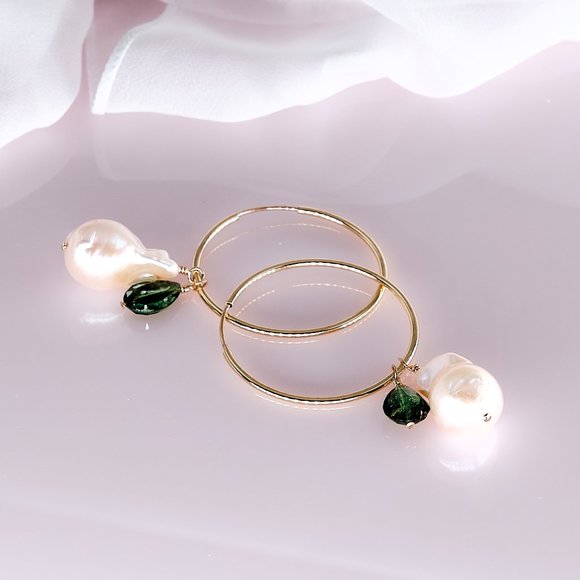 Baroque Pearl & Green Tourmaline Hoop Earrings, 14K Gold Filled Thin Hoops - Picture 8 of 11